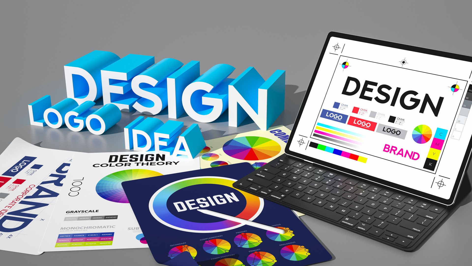 Graphic Design Essentials for Brand Creation. Digital tablet displaying 'Design' with color selection, graphic symbols, and design elements. Papers with logo designs and color theory charts scattered around. 3D Rendering